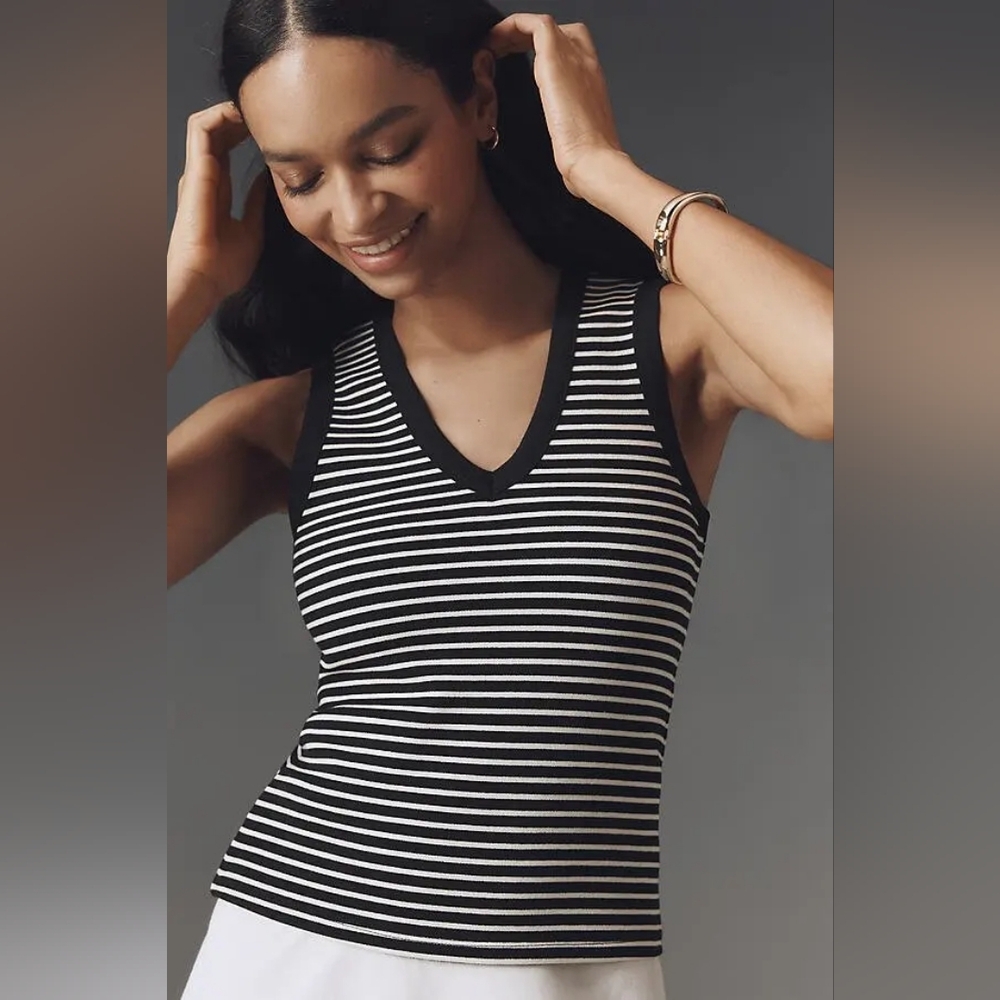 Anthropologie Maeve Black And White Striped V-neck Cropped Tank Top / Vest XL